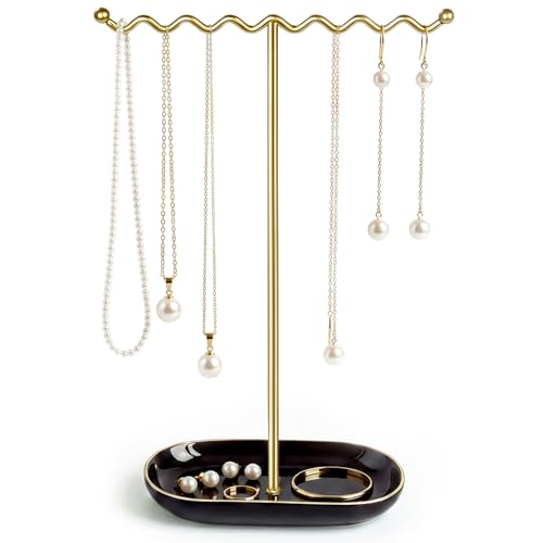 Saydear Elegant Jewelry Holder Tree Stand with Ceramic Tray Metal Necklace Holder Organizer for Rings Bracelets Earrings Tangle Free Rustproof Decorative Display for Vanity Dresser Deluxe Black - Image 1
