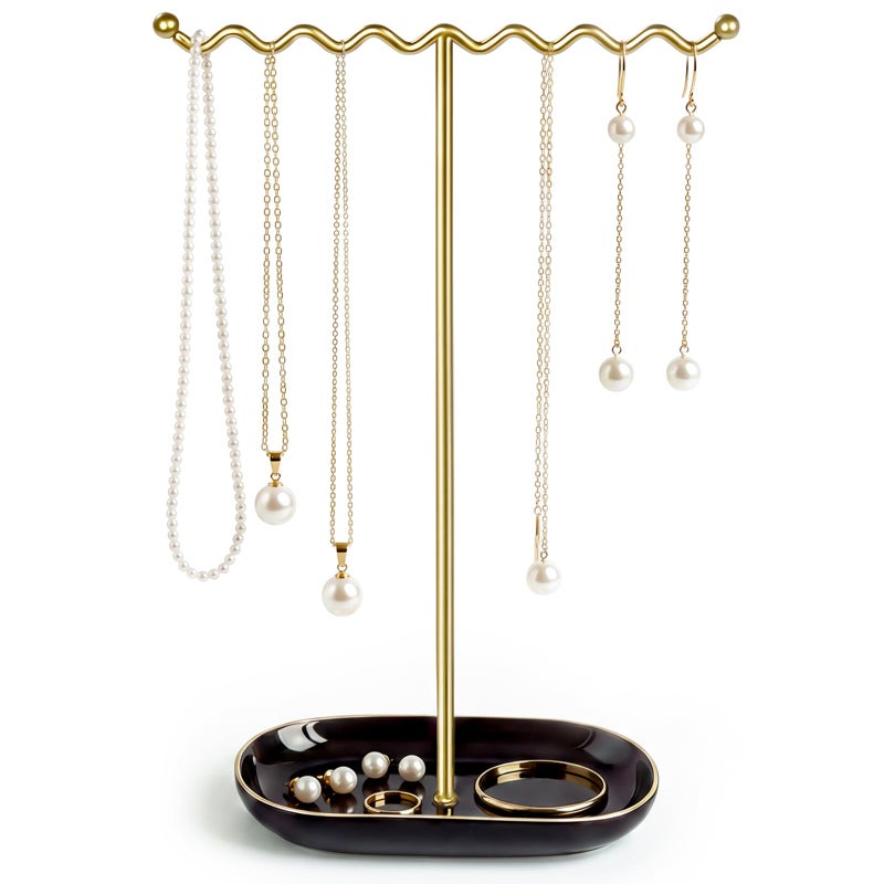 Saydear Elegant Jewelry Holder Tree Stand with Ceramic Tray Metal Necklace Holder Organizer for Rings Bracelets Earrings Tangle Free Rustproof Decorative Display for Vanity Dresser Deluxe Black - Image 2