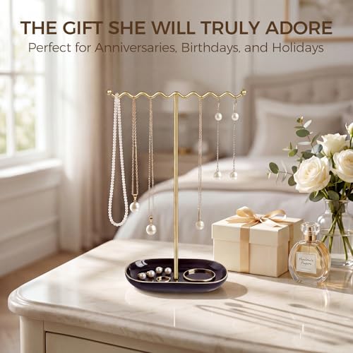 Saydear Elegant Jewelry Holder Tree Stand with Ceramic Tray Metal Necklace Holder Organizer for Rings Bracelets Earrings Tangle Free Rustproof Decorative Display for Vanity Dresser Deluxe Black - Image 3