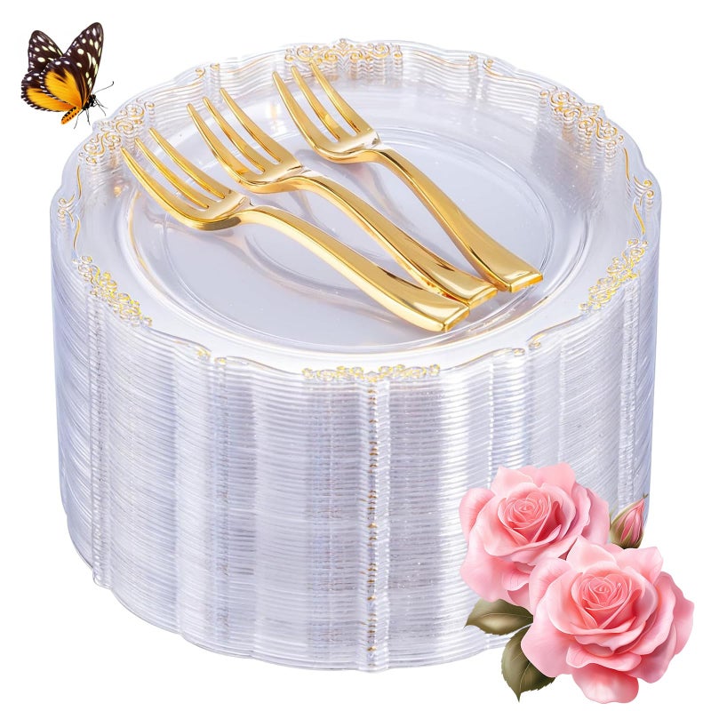 LIYH Love in your heart LIYH 200 Pcs Clear Gold Plastic Dessert Plates 75and Cake Forks 5  Clear Small Cake Plastic Plates and Gold Forks for Parties Wedding Birthday 