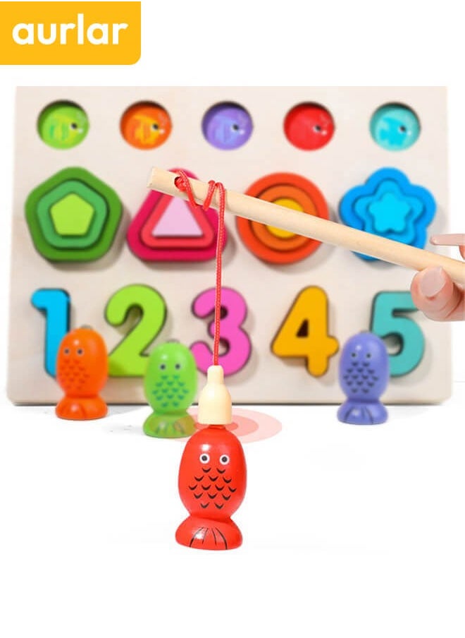 Aurlar Color Gradient Fishing Three In One, Wooden Educational Plate Number Shape Board Fishing Toy, Montessori-inspired Educational Toy  - Image 1