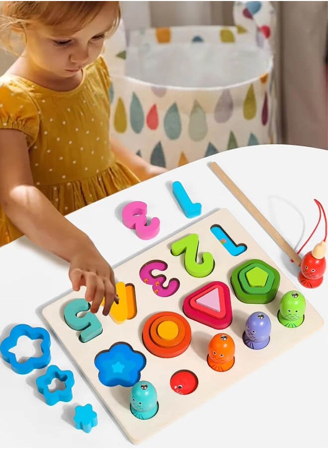 Aurlar Color Gradient Fishing Three In One, Wooden Educational Plate Number Shape Board Fishing Toy, Montessori-inspired Educational Toy  - Image 2
