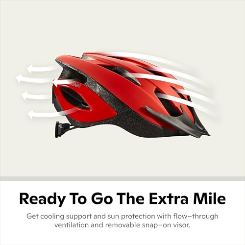 Schwinn Thrasher Helmet for Adults Red Size 5862 cm for Riders Ages 14 Lightweight Microshell Adjustable Dial and Straps Interior Padding 20 Air Vents Removable Visor Adult Bike Helmet - Image 3