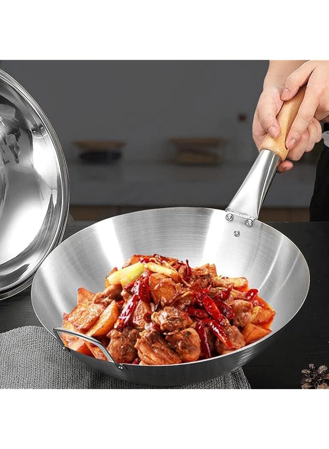 ECVV Stainless Steel Wok Pan Stir Fry Pan Deep Frying Wok Frying Skillet with Wooden Handle 34cm - Image 2