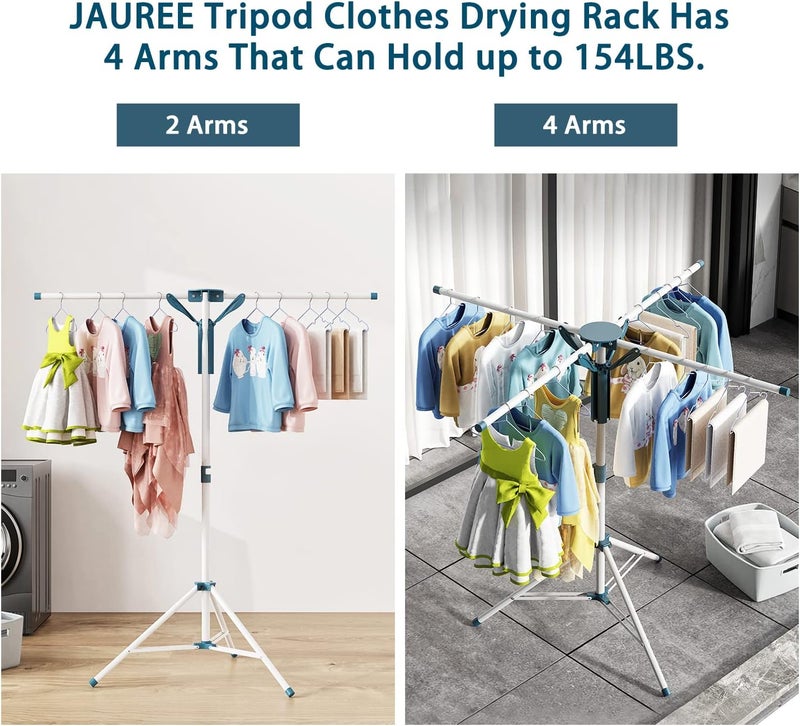 JAUREE جهاز تجفيف الملابس ذو القاعد�� الثلاثية، قابل للطي، للاستخدام داخل المنزل، محمول، يمكن تعديل ارتفاعه، يوفر مساحة، مزود بـ 20 مشبكًا لتثبيت الملابس. - Image 2