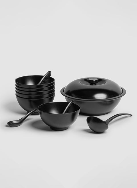 Premium 15 Piece Melamine Soup Set for 6 People Matte Black Dishwasher Safe | Soup and Soup Spoon Plates Set | Healthy Melamine Dinner Set