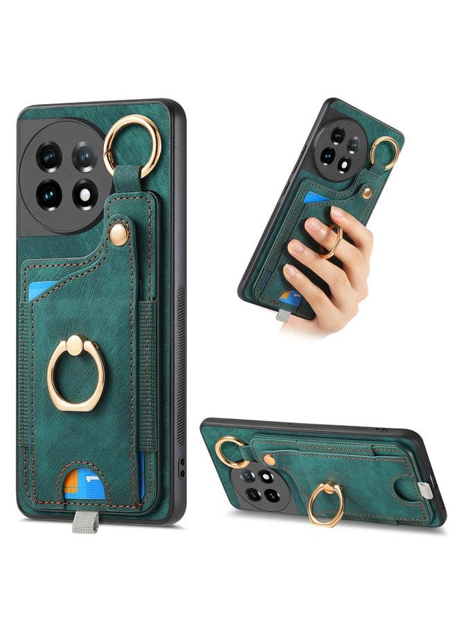Green Tiger For OnePlus 11 Retro Skin-feel Ring Card Bag Phone Case with Hang Loop(Green) 