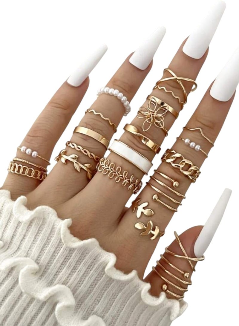 يوكا  مجموعة خواتم متعددة العناصر الزخرفية اللؤلؤ الاصطناعي والهندسة القديمة ذات الأسلوب البوهيمي مناسبة للارتداء اليومي للنساء 22 قطعة - Image 1