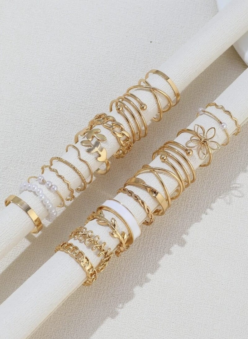 يوكا  مجموعة خواتم متعددة العناصر الزخرفية اللؤلؤ الاصطناعي والهندسة القديمة ذات الأسلوب البوهيمي مناسبة للارتداء اليومي للنساء 22 قطعة - Image 4