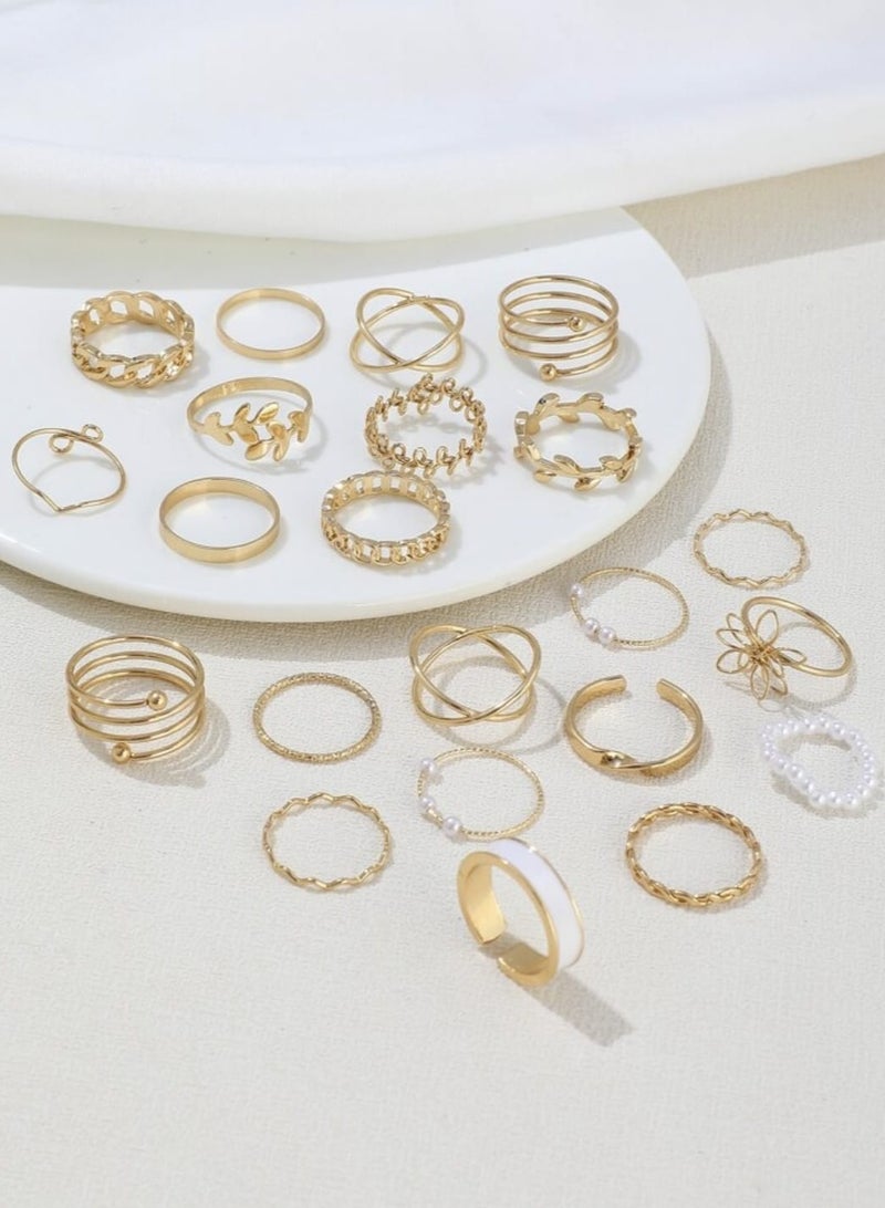 يوكا  مجموعة خواتم متعددة العناصر الزخرفية اللؤلؤ الاصطناعي والهندسة القديمة ذات الأسلوب البوهيمي مناسبة للارتداء اليومي للنساء 22 قطعة - Image 5
