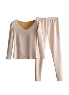 GGEROU Women Thermal Underwear Set,Women Thermal Base Layer Long Sleeve,Seamless Elastic Thermal Underwear,Women Round Neck Long-Sleeved Set Khaki  - Image 1