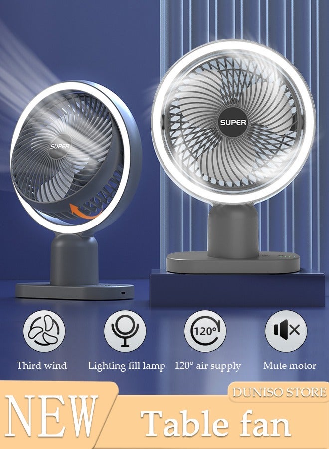 DUNISO مروحة طاولة متعددة الوظائف، مروحة تعمل بالبطارية قابلة لإعادة الشحن مع ضوء LED، مروحة USB هادئة، مروحة مكتب تدور 120 درجة، مع 3 سرعات للمنزل والمكتب والسفر والتخييم والهواء الطلق ومروحة داخلية - Image 1