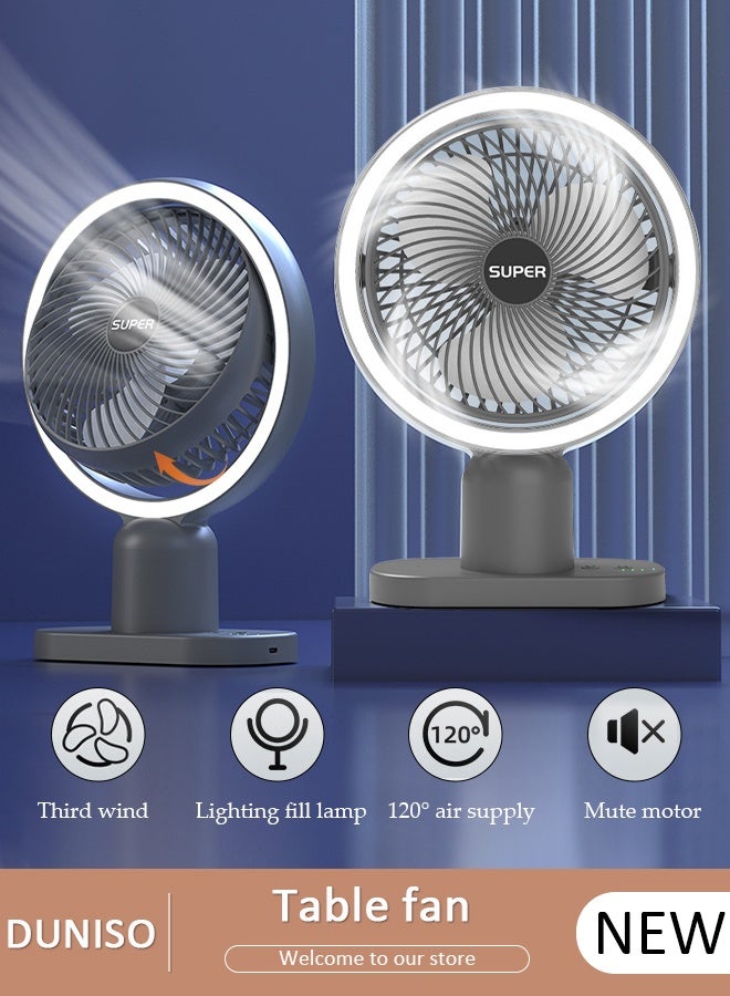 DUNISO مروحة طاولة متعددة الوظائف، مروحة تعمل بالبطارية قابلة لإعادة الشحن مع ضوء LED، مروحة USB هادئة، مروحة مكتب تدور 120 درجة، مع 3 سرعات للمنزل والمكتب والسفر والتخييم والهواء الطلق ومروحة داخلية - Image 1