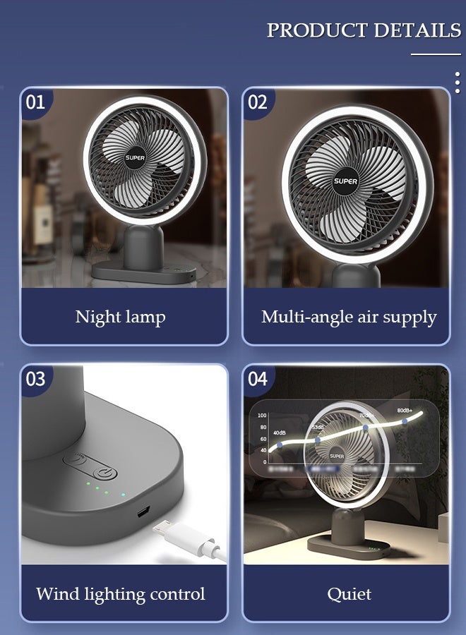 DUNISO مروحة طاولة متعددة الوظائف، مروحة تعمل بالبطارية قابلة لإعادة الشحن مع ضوء LED، مروحة USB هادئة، مروحة مكتب تدور 120 درجة، مع 3 سرعات للمنزل والمكتب والسفر والتخييم والهواء الطلق ومروحة داخلية - Image 3
