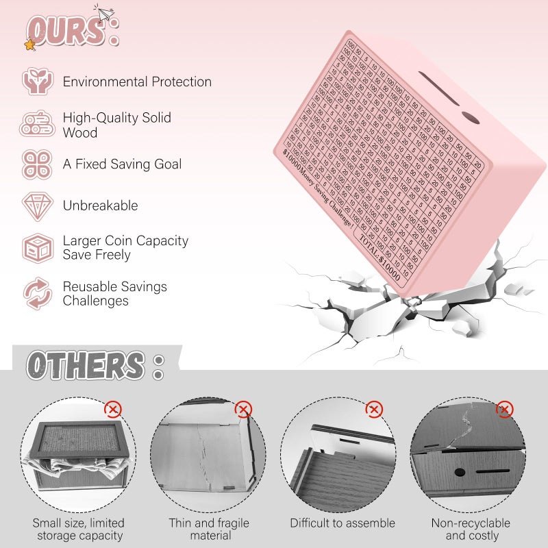 Gomyrod Wooden Money Saving Box, Cash Vault Savings Box for $10000 $5000 $3000 $1000 $800 $500 Target Money Saving Challenge, Reusable Money Box with Counter, Dry Erase Pen/Savings Trackers/Rubber Band-Pink - Image 3