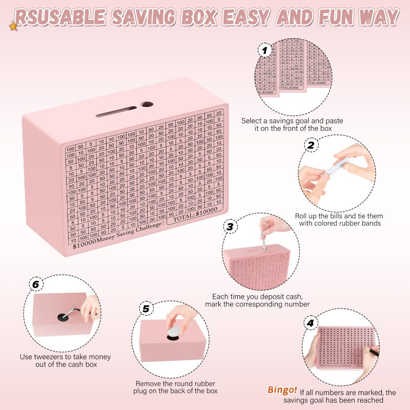 Gomyrod Wooden Money Saving Box, Cash Vault Savings Box for $10000 $5000 $3000 $1000 $800 $500 Target Money Saving Challenge, Reusable Money Box with Counter, Dry Erase Pen/Savings Trackers/Rubber Band-Pink - Image 5