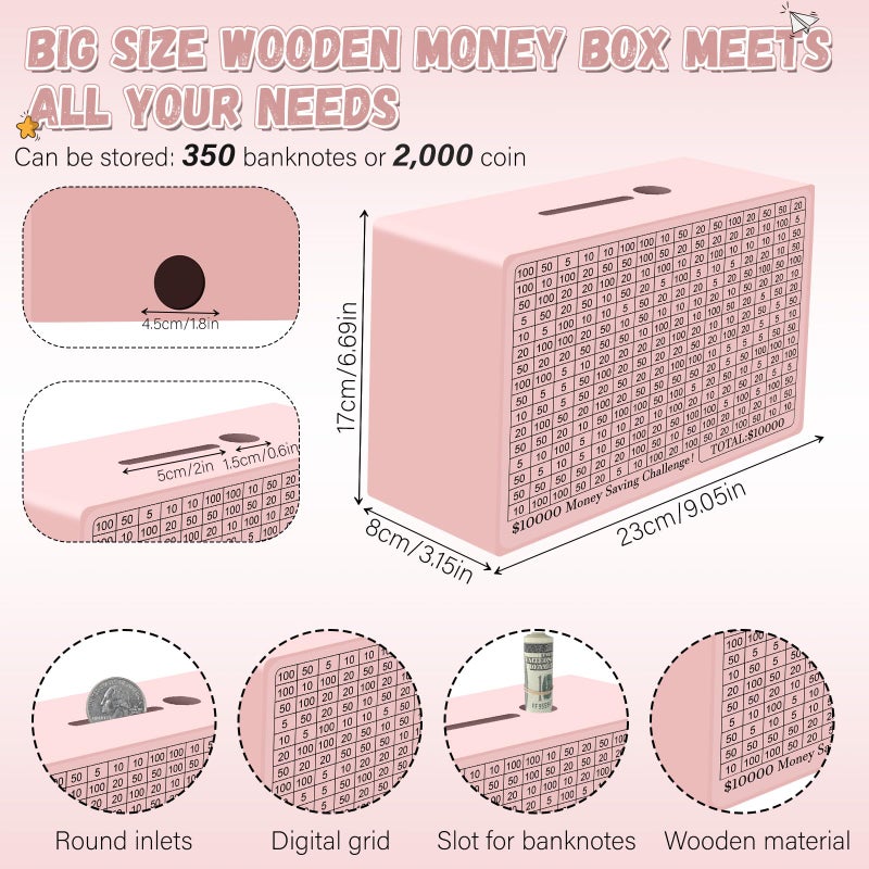 Gomyrod Wooden Money Saving Box, Cash Vault Savings Box for $10000 $5000 $3000 $1000 $800 $500 Target Money Saving Challenge, Reusable Money Box with Counter, Dry Erase Pen/Savings Trackers/Rubber Band-Pink - Image 2