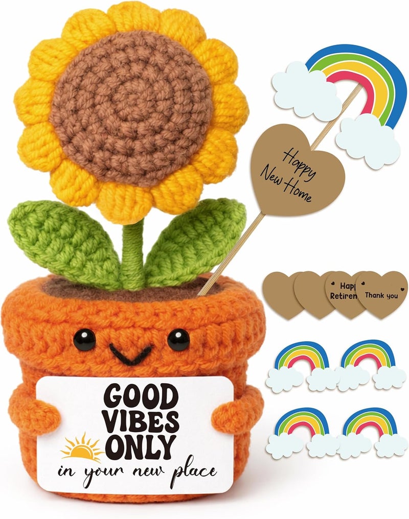Frabaca Crochet Sunflower Housewarming Gift – Good Vibes Only in Your New Place – Christmas Stocking Stuffer Positive Affirmation Plush for Friend, Coworker, Roommate, New Home or Office Decor - Image 1