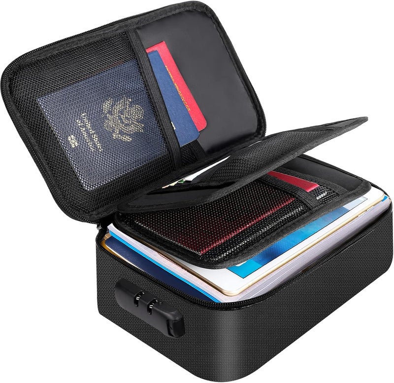 ENGPOW Small Fireproof Storage Organizer Case with Lock(9”x 5.3”x 3.7”), 3-Layer Soft Money Safe Coin Organizer Wallet Bag for Cash,Card,Passport,Check,Bill,Travel Home Organizer Carrying Case,Black - Image 1