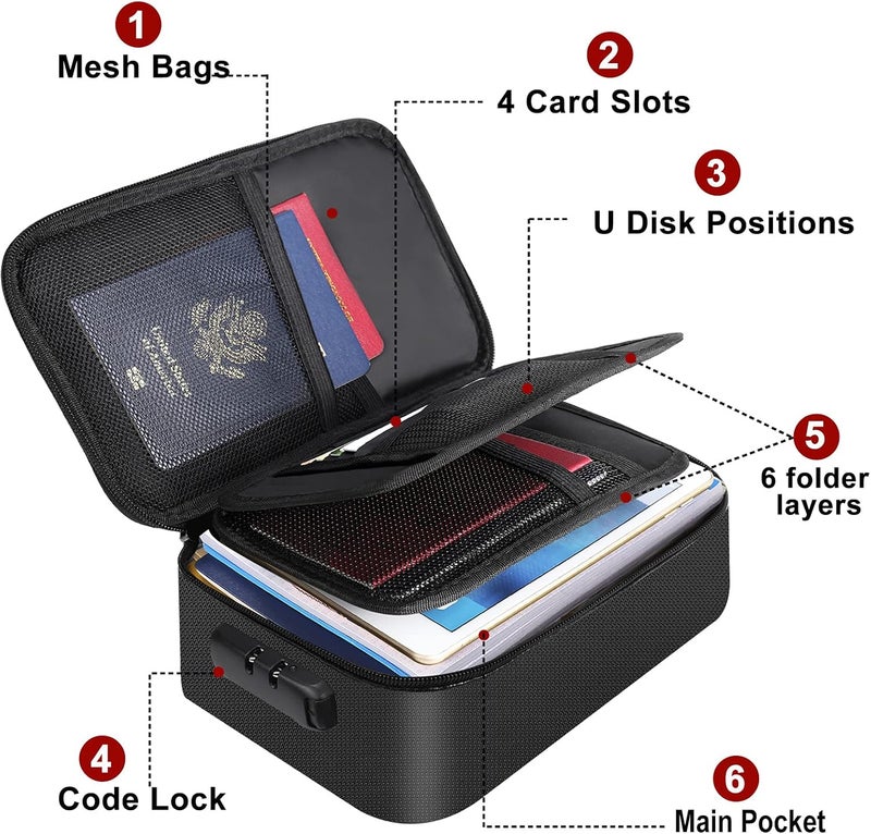 ENGPOW Small Fireproof Storage Organizer Case with Lock(9”x 5.3”x 3.7”), 3-Layer Soft Money Safe Coin Organizer Wallet Bag for Cash,Card,Passport,Check,Bill,Travel Home Organizer Carrying Case,Black - Image 3