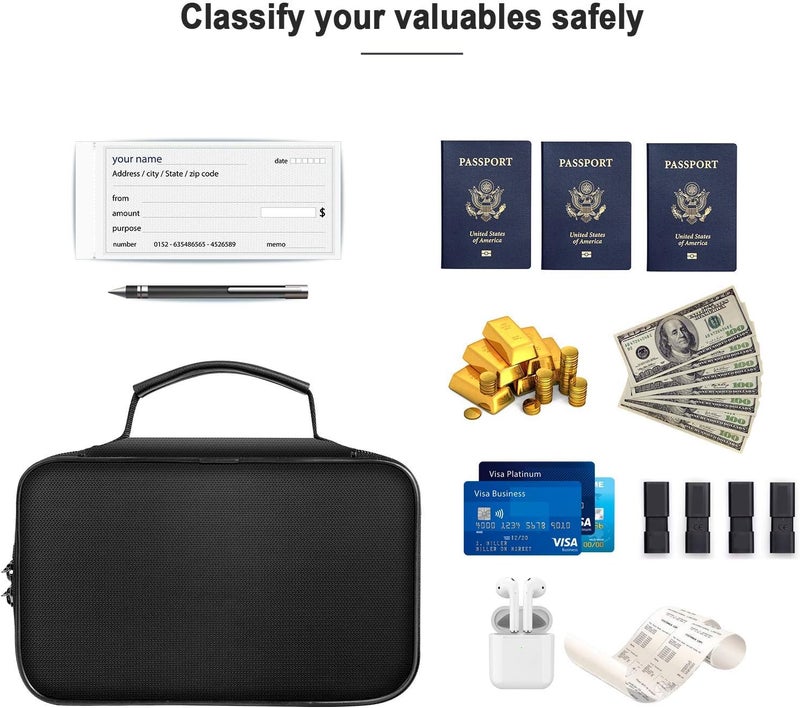 ENGPOW Small Fireproof Storage Organizer Case with Lock(9”x 5.3”x 3.7”), 3-Layer Soft Money Safe Coin Organizer Wallet Bag for Cash,Card,Passport,Check,Bill,Travel Home Organizer Carrying Case,Black - Image 4