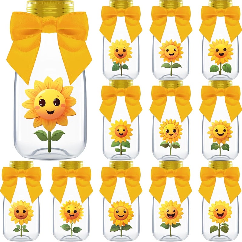 Ethisa Small 12 Pack Sunflower Party Favors - DIY Candy Jars with Ribbons and Stickers - Party Decoration Bottles for Birthday, School Classroom, Baby Shower, Bridal Shower, and Wedding - Sun Flower - Image 1