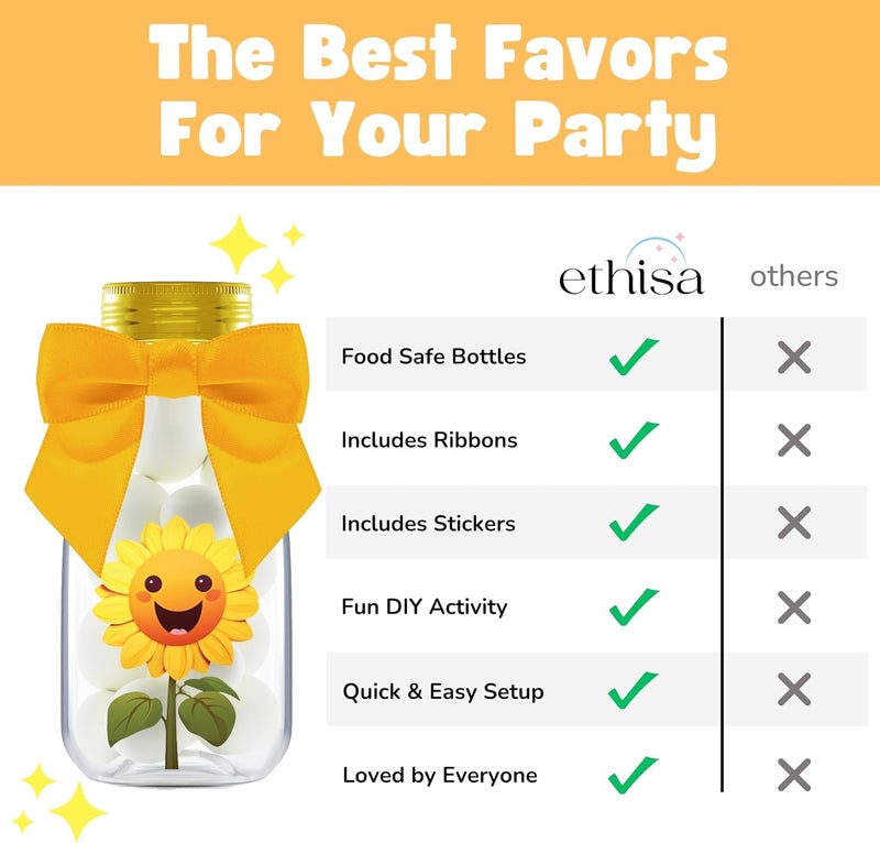 Ethisa Small 12 Pack Sunflower Party Favors - DIY Candy Jars with Ribbons and Stickers - Party Decoration Bottles for Birthday, School Classroom, Baby Shower, Bridal Shower, and Wedding - Sun Flower - Image 5