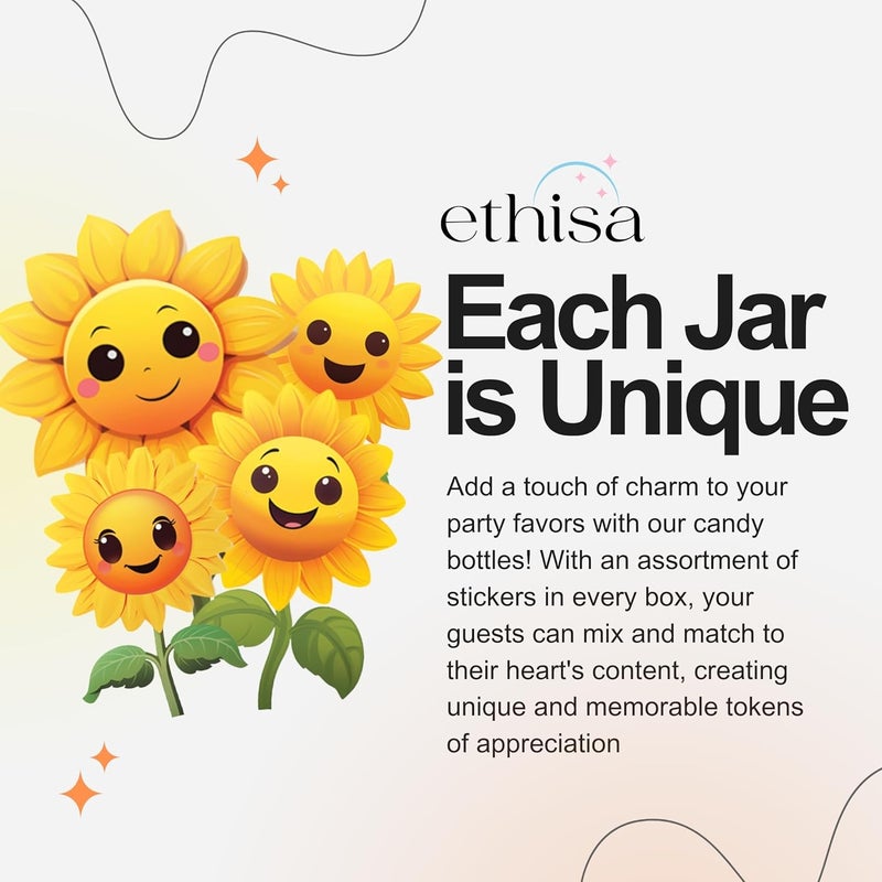 Ethisa Small 12 Pack Sunflower Party Favors - DIY Candy Jars with Ribbons and Stickers - Party Decoration Bottles for Birthday, School Classroom, Baby Shower, Bridal Shower, and Wedding - Sun Flower - Image 3