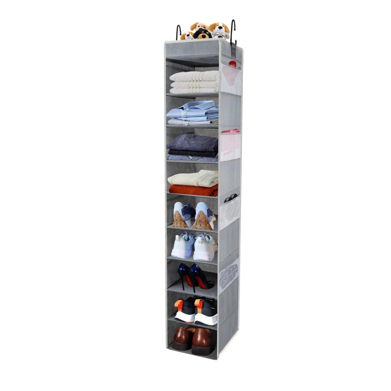 roomtalk LargeSized Hanging Shoe Organizer 10Shelf Sturdy Hanging Closet Organizer with 8 Side Pockets Wider Hanging Shelves for Storage Shoes Clothes Jeans Shirts Toys Grey