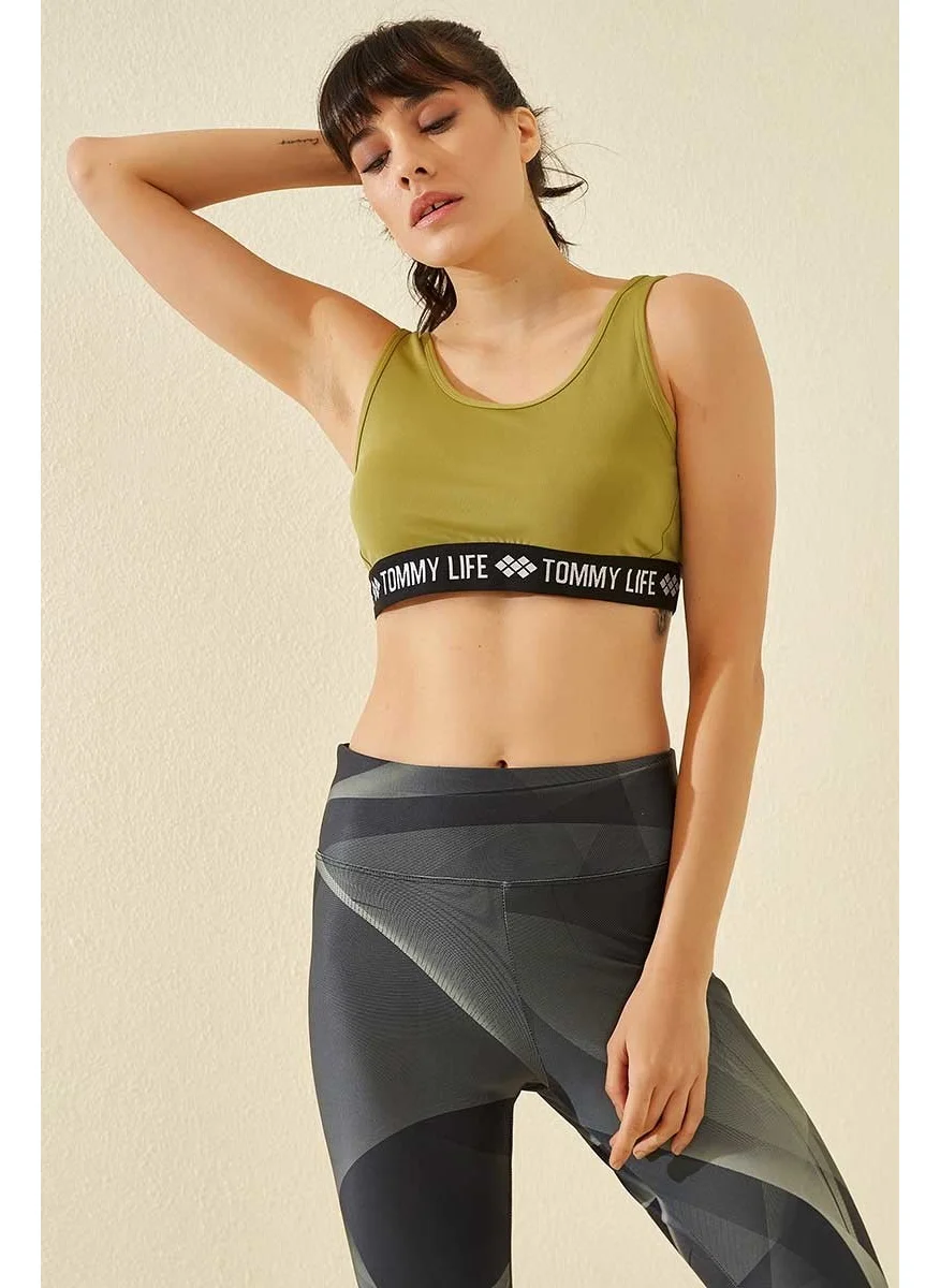 Tommy Life Oil Green Women's Letter Striped Standard Pattern U Neck Sports Bustier - 97113