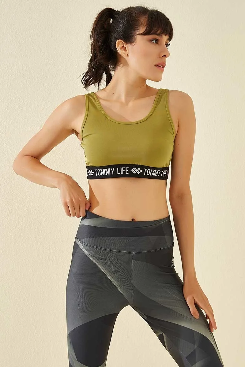 Tommy Life Oil Green Women's Letter Striped Standard Pattern U Neck Sports Bustier - 97113