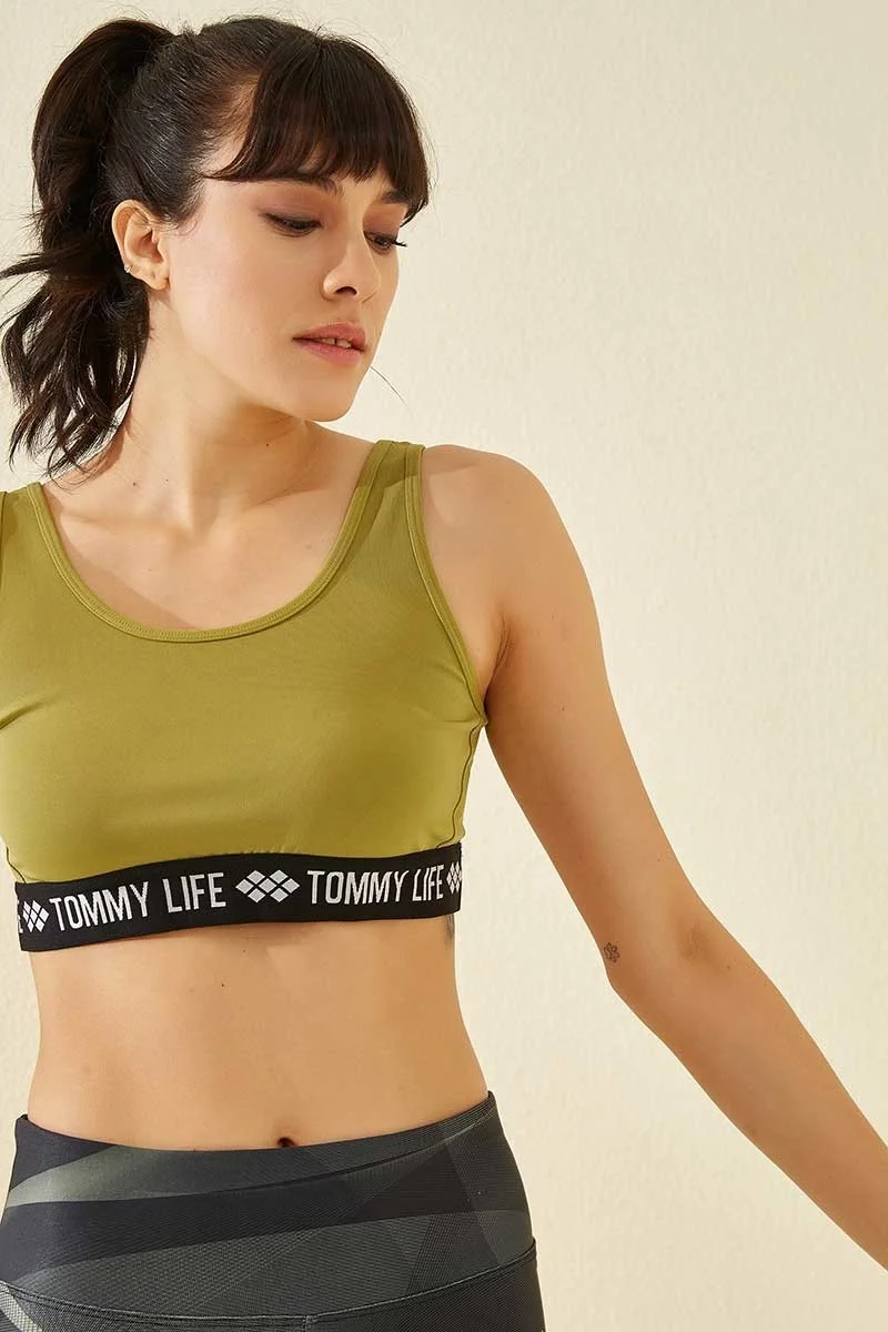 Tommy Life Oil Green Women's Letter Striped Standard Pattern U Neck Sports Bustier - 97113