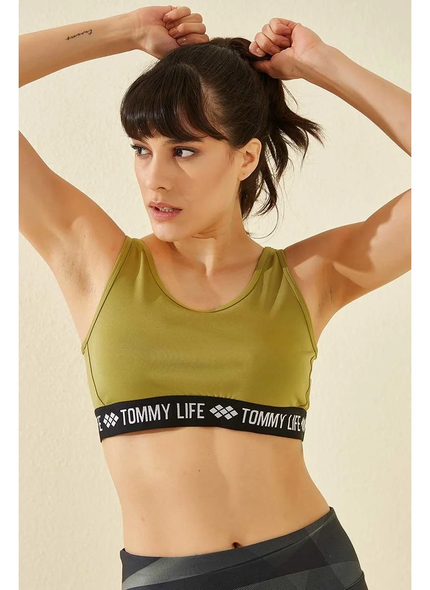 Tommy Life Oil Green Women's Letter Striped Standard Pattern U Neck Sports Bustier - 97113