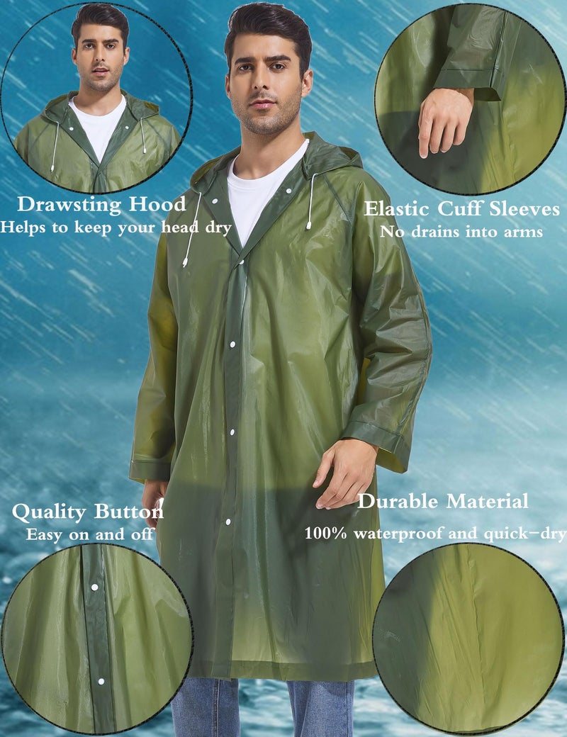 Borogo Rain Ponchos for Adults Reusable 2Pcs Raincoats Emergency Survival With Hoods And Sleeves for Women Men Green - Image 5