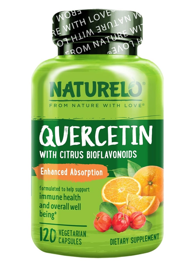 NATURELO كيرسيتين مع بيوفلافونويدات الحمضيات، امتصاص معزز، مُصمم لدعم صحة المناعة والرفاهية العامة، مكمل غذائي - 120 كبسولة نباتية  - Image 1