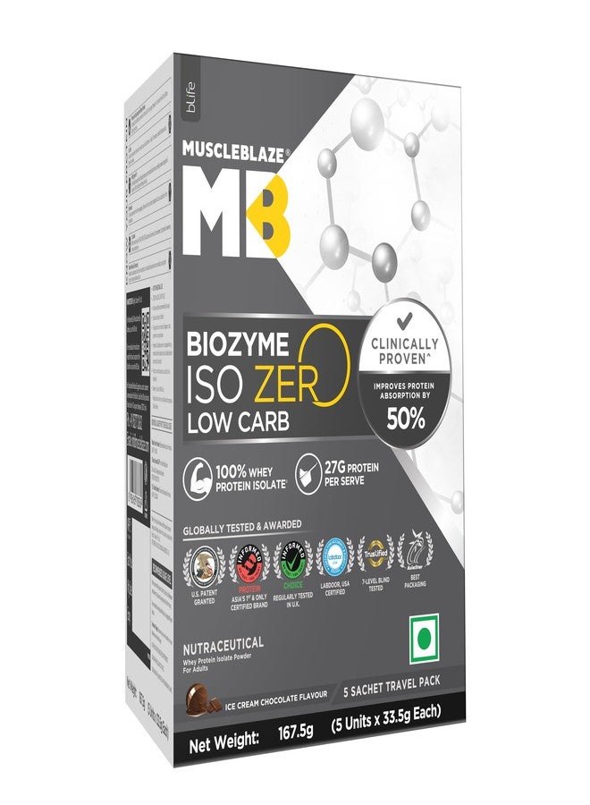 مسل بلايز MuscleBlaze Biozyme Iso-Zero، مسحوق بروتين مصل اللبن المعزول منخفض الكربوهيدرات، بنكهة آيس كريم الشوكولاتة، 5 أكياس (33.5 غرام لكل كيس) | عبوة سفر | 27 غرام بروتين لكل كيس - Image 1
