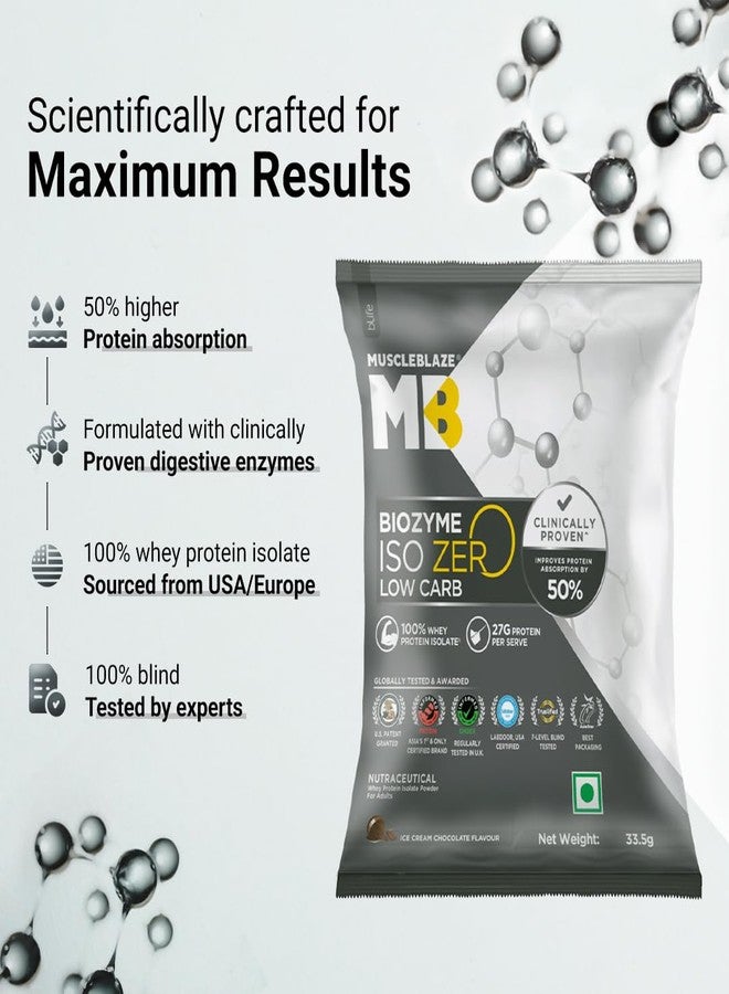 مسل بلايز MuscleBlaze Biozyme Iso-Zero، مسحوق بروتين مصل اللبن المعزول منخفض الكربوهيدرات، بنكهة آيس كريم الشوكولاتة، 5 أكياس (33.5 غرام لكل كيس) | عبوة سفر | 27 غرام بروتين لكل كيس - Image 4