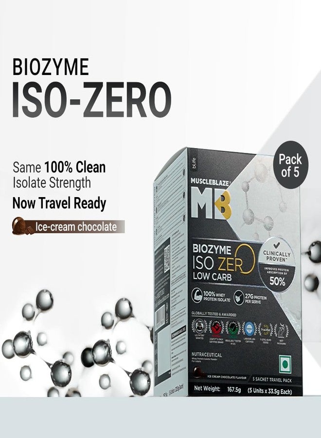 مسل بلايز MuscleBlaze Biozyme Iso-Zero، مسحوق بروتين مصل اللبن المعزول منخفض الكربوهيدرات، بنكهة آيس كريم الشوكولاتة، 5 أكياس (33.5 غرام لكل كيس) | عبوة سفر | 27 غرام بروتين لكل كيس - Image 2