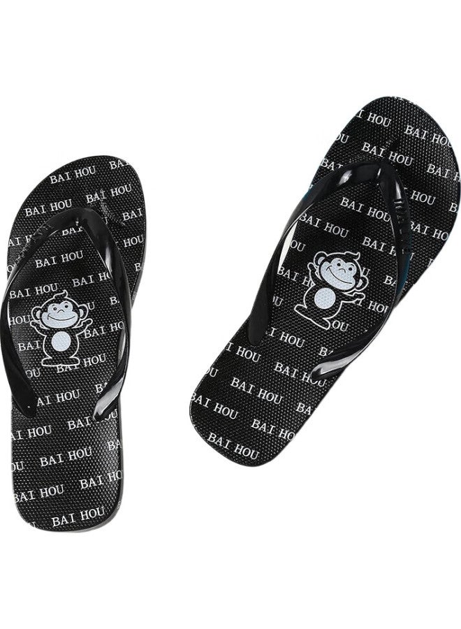 Baihou Men'S Flip Flops Four Seasons Outdoor Cartoon Black And White Print Beach Slippers R-17 Black Size 36-37 - Image 3