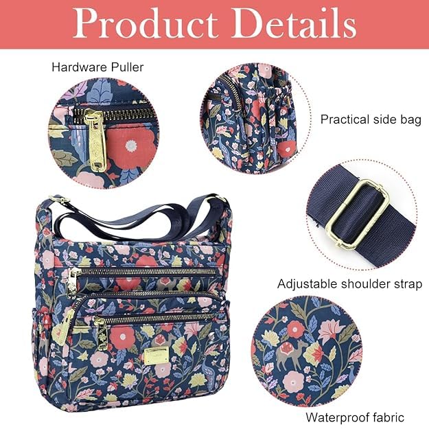 BOVTY Women Sling-body Bag Waterproof Nylon Multi-layer Sling Bag Casual Satchel Bag Shoulder Bag Messenger Bag Travel Sling-body Bag Day Pack. (Printed-Blue) - Image 2