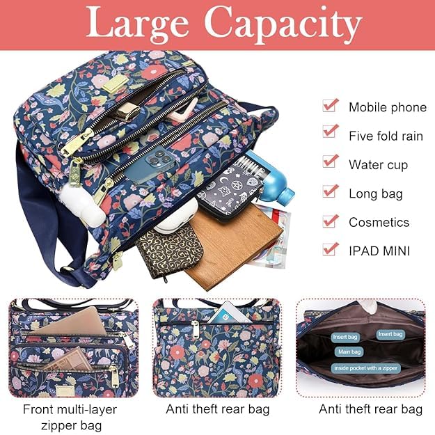 BOVTY Women Sling-body Bag Waterproof Nylon Multi-layer Sling Bag Casual Satchel Bag Shoulder Bag Messenger Bag Travel Sling-body Bag Day Pack. (Printed-Blue) - Image 3