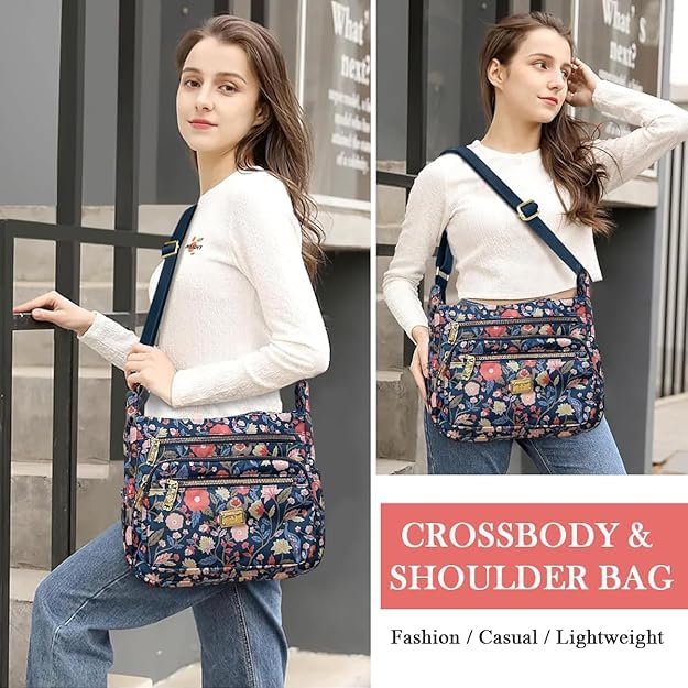 BOVTY Women Sling-body Bag Waterproof Nylon Multi-layer Sling Bag Casual Satchel Bag Shoulder Bag Messenger Bag Travel Sling-body Bag Day Pack. (Printed-Blue) - Image 5