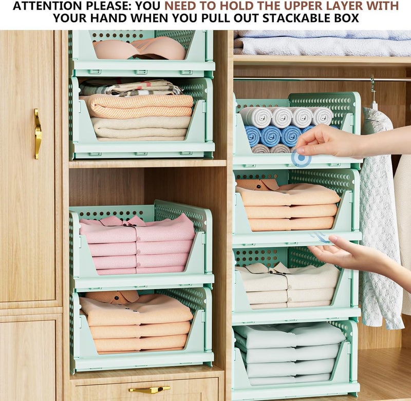 JEYANG Clothes Organizer for Wardrobe - Foldable and Stackable Closet Cupboard Almirah Space Organiser for Shirt, T Shirt, Jeans (Pack of 8, Green) - Image 4