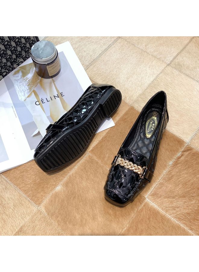 New Color Large And Small Size 33-41-43 Square Toe Flats Comfortable Small Leather Shoes Soft Leather Soft Sole Patent Leather Buckle Embroidery Thread Shoes