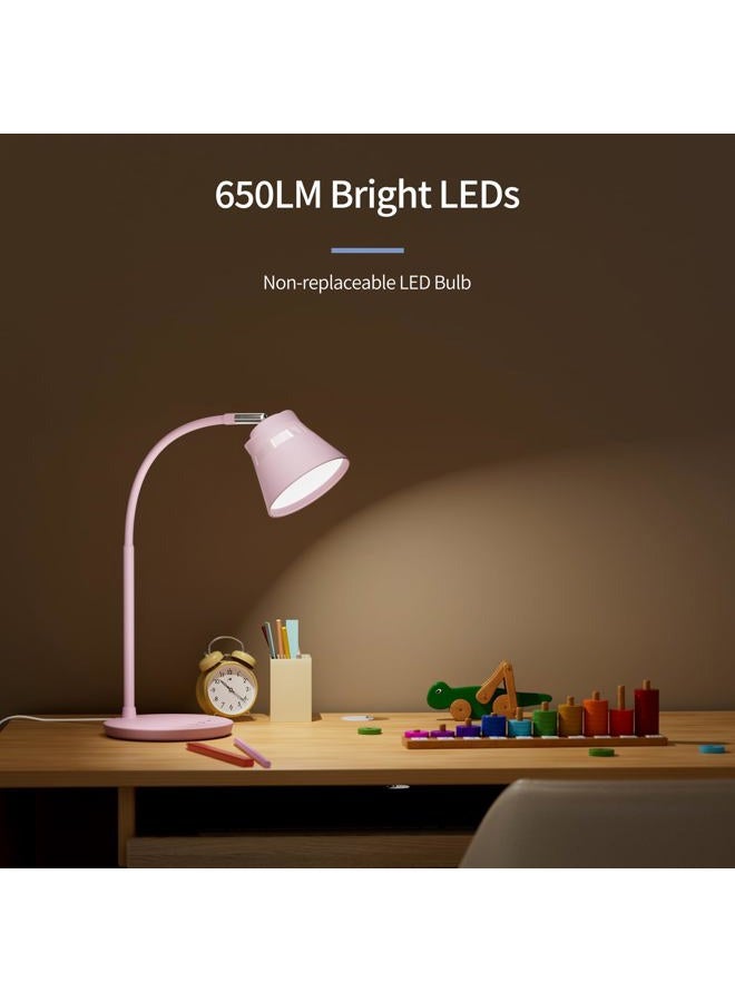 AXX TU08 Pink Cute Desk Lamp with USB Charging Port, 650 Lumens 3-Color Modes, 5-Touch Dimming, 30/60-Minute Timer, 18-Inch LED Small Table Light for Kids Teen Girls, College Dorm Room Essentials - Image 2