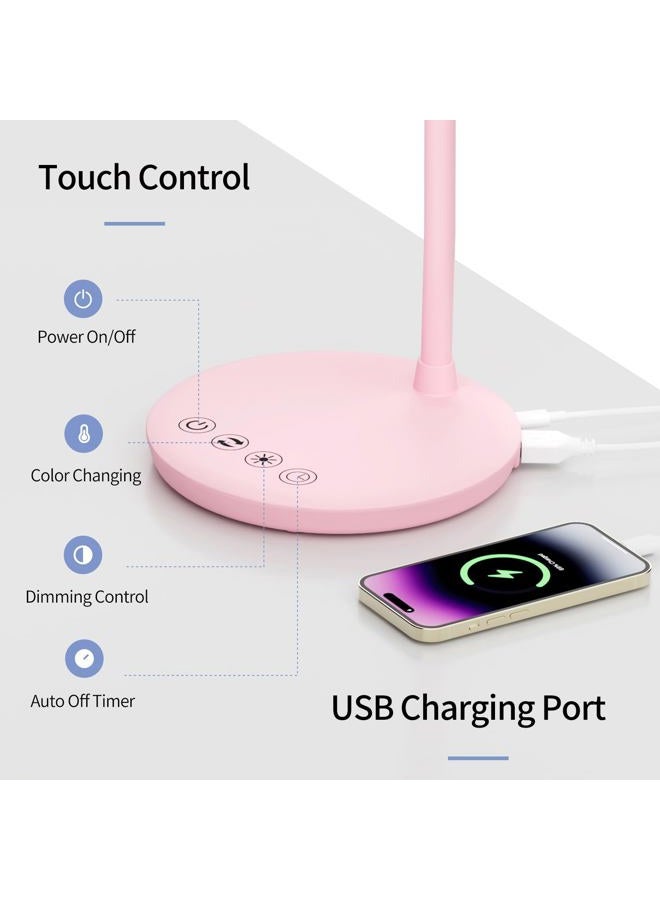AXX TU08 Pink Cute Desk Lamp with USB Charging Port, 650 Lumens 3-Color Modes, 5-Touch Dimming, 30/60-Minute Timer, 18-Inch LED Small Table Light for Kids Teen Girls, College Dorm Room Essentials - Image 4