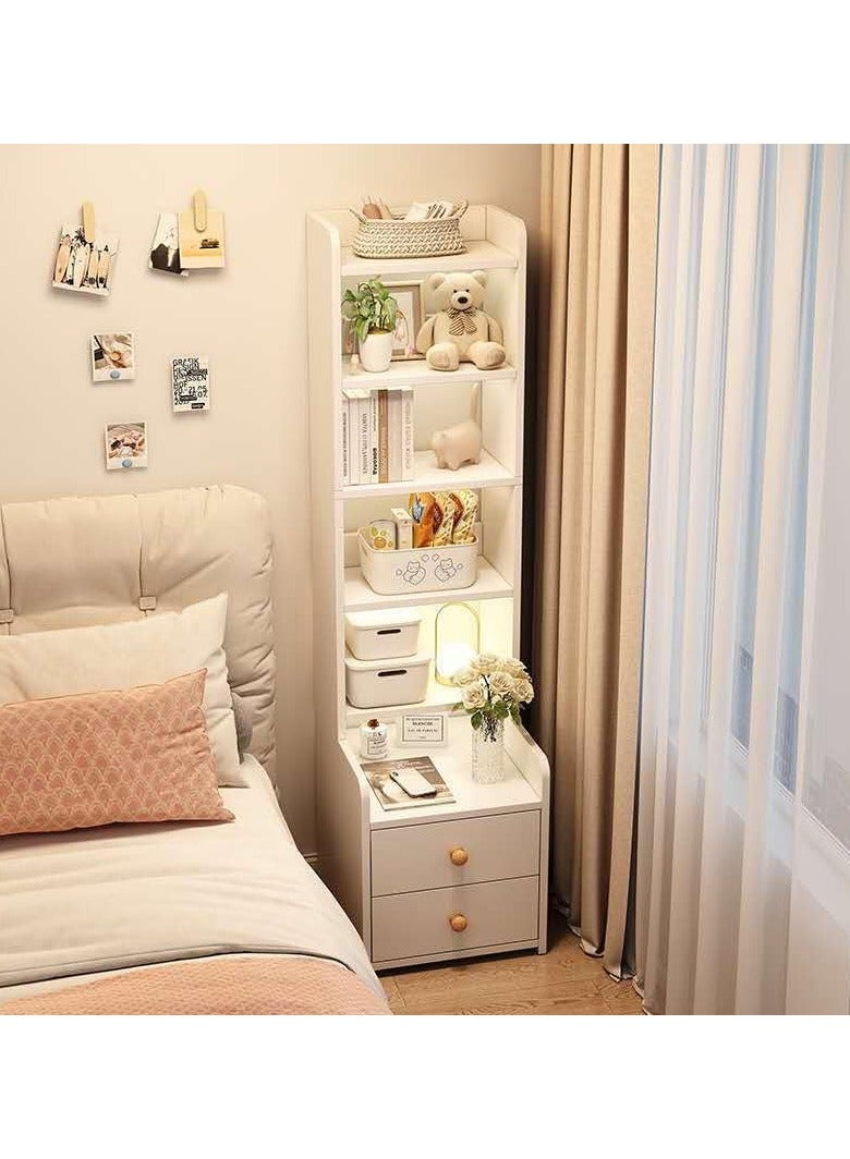 LEDIN Tall bedside table shelf, simple and luxurious Nordic style ins minimalist storage small bedside storage cabinet with two drawers. 4 storage compartments (White) - Image 2