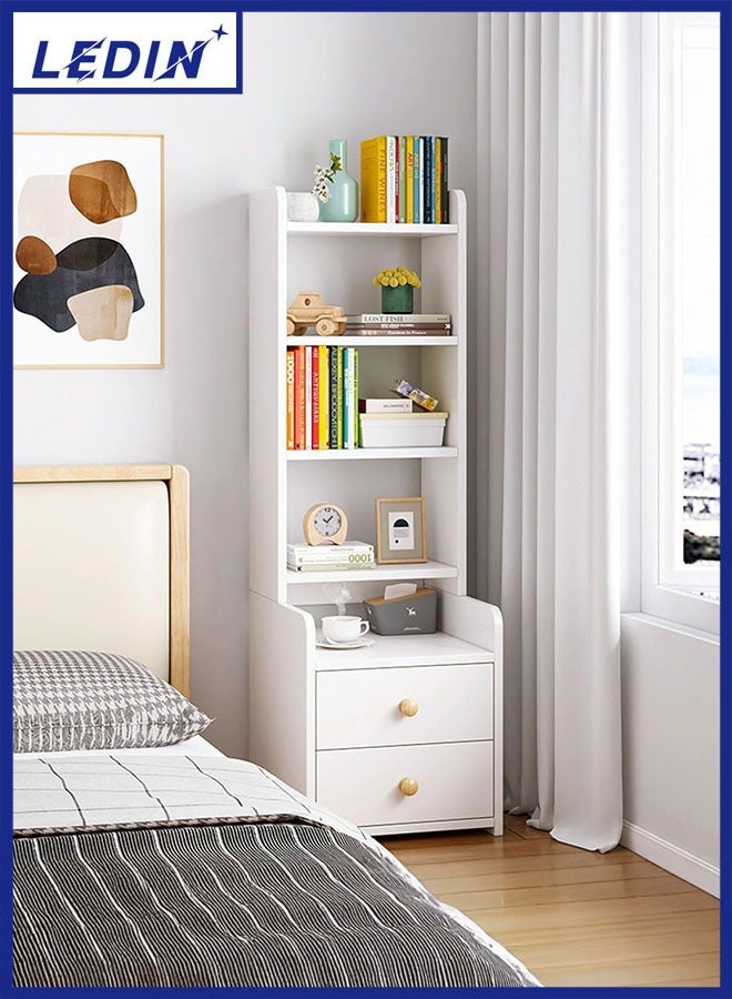 LEDIN Tall bedside table shelf, simple and luxurious Nordic style ins minimalist storage small bedside storage cabinet with two drawers. 4 storage compartments (White) - Image 1