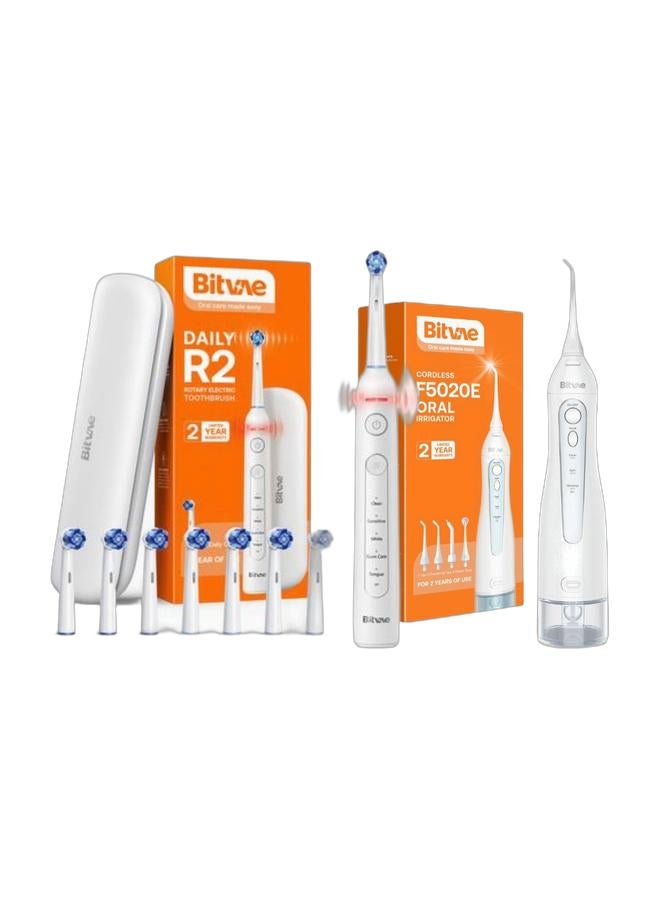 Bitvae فرشاة أسنان كهربائية قابلة لإعادة الشحن Bitvae BV R2 للبالغين، 5 أوضاع تنظيف، شعيرات ناعمة، مقاومة للماء IPX7، فرشاة تبييض الأسنان & جهاز تنظيف الأسنان بالماء Bitvae F5020E بدون سلك سعة 300 مل مع ضغط ماء قوي 3 أوضاع تنظيف 7 رؤوس نفاثة متعددة الوظائف مقاومة للماء IPX7 متاحة بلونين في حزمة - Image 1