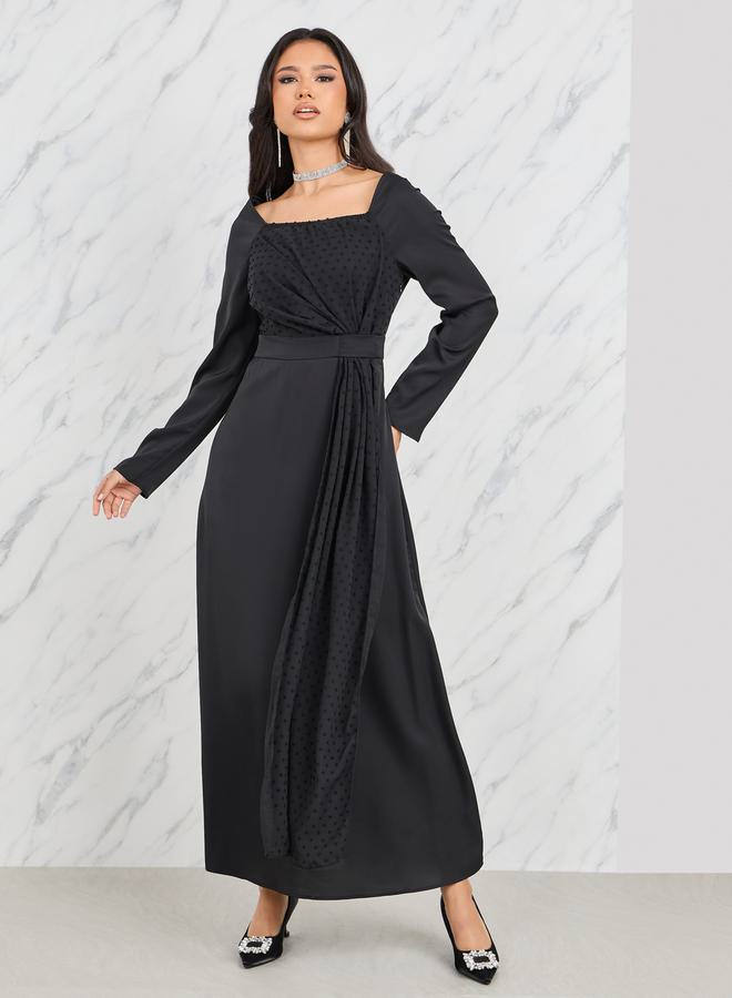 Styli Dobby Detail Square Neck A-Line Midi Dress  - Image 1